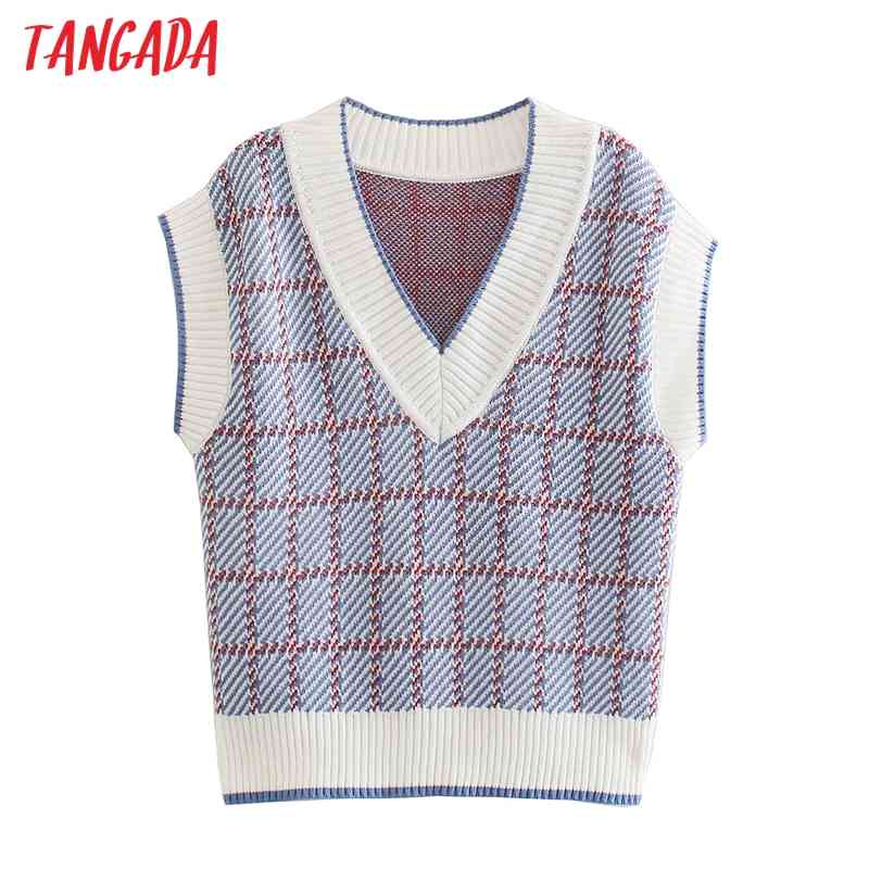 Women Vintage Plaid Oversized Knitted Vest V Neck Sweater Sleeveless Female Waistcoat Tops BE404 210416