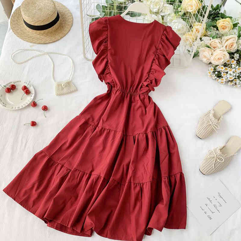 V Neck Ruffles Summer Dress Party Tank Sundress Women Casual A-Line Beach Holiday Dresses Elegant Knee-Length Vestidos 210521