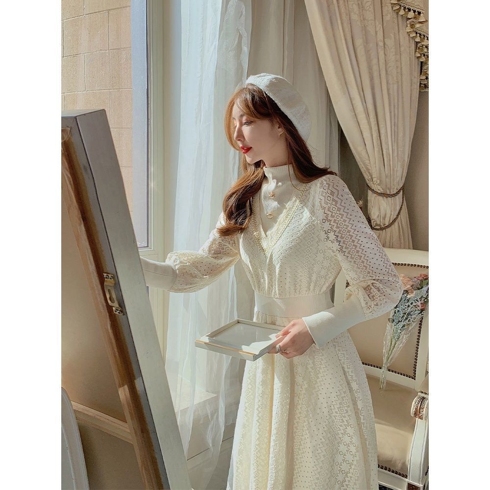 French Lace Party Dress Women Casual Long Sleeve Elegant Vintage Dress Female Spring Fairy Lace Dress Korean 210521