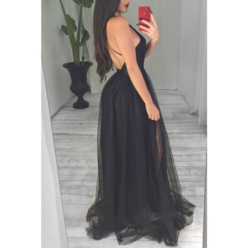 Black Soft Tulle Sexy Communion Dresses Evening Dress Prom Party Robe De Soiree Longue Formal Dress Simple Robe de Soiree