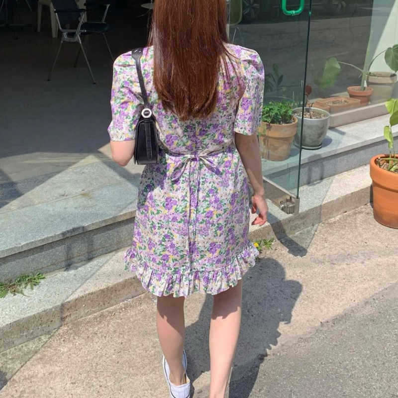 Korejpaa Women Dress Korean Chic Temperament Elegant Violet Shredded Flower V-neck Waist Bag Hip Lotus Leaf Side Vestido 210526