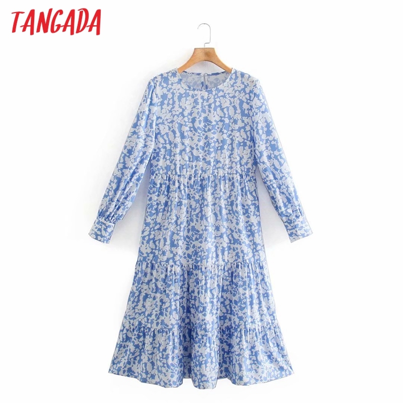 Fashion Women Blue Floral Print A-line Long Sleeve High Street Ladies Midi Dress XN311 210416