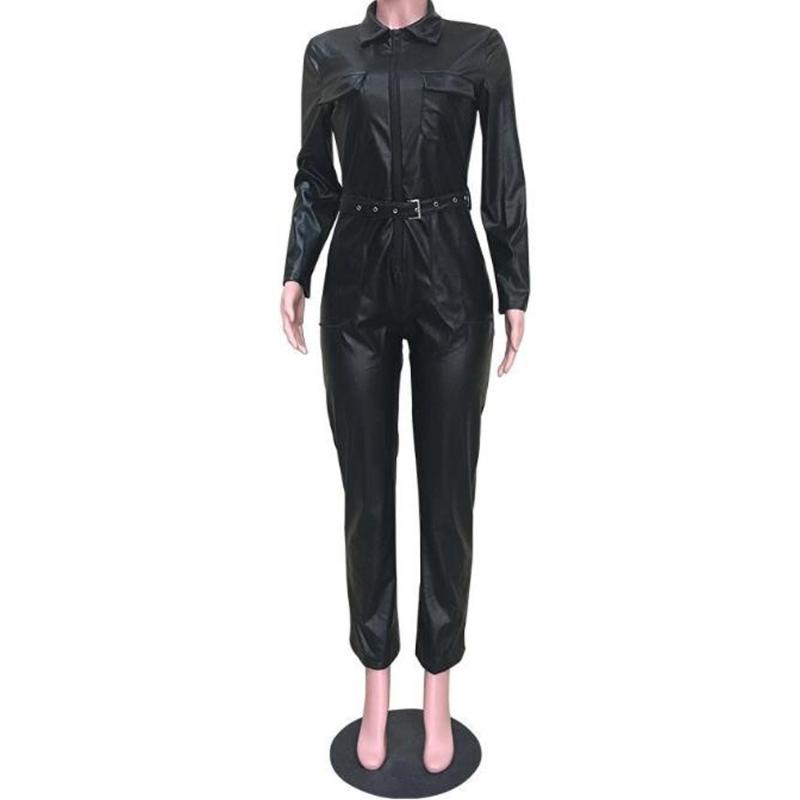 Women's Jumpsuits & Rompers PU Leather Womens Jumpsuit Black Autumn Casual Long Sleeve Clubwear Party Sexy Bodycon Faux Overalls