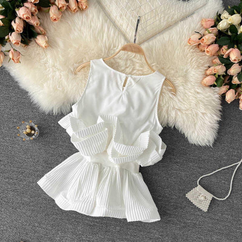 Ins Fashion Women's Bouse Summer Chic O-neck Sleeveless Stylish Pleated Ruffles Short Top Slim Elastic Waist Female Blouse 210603