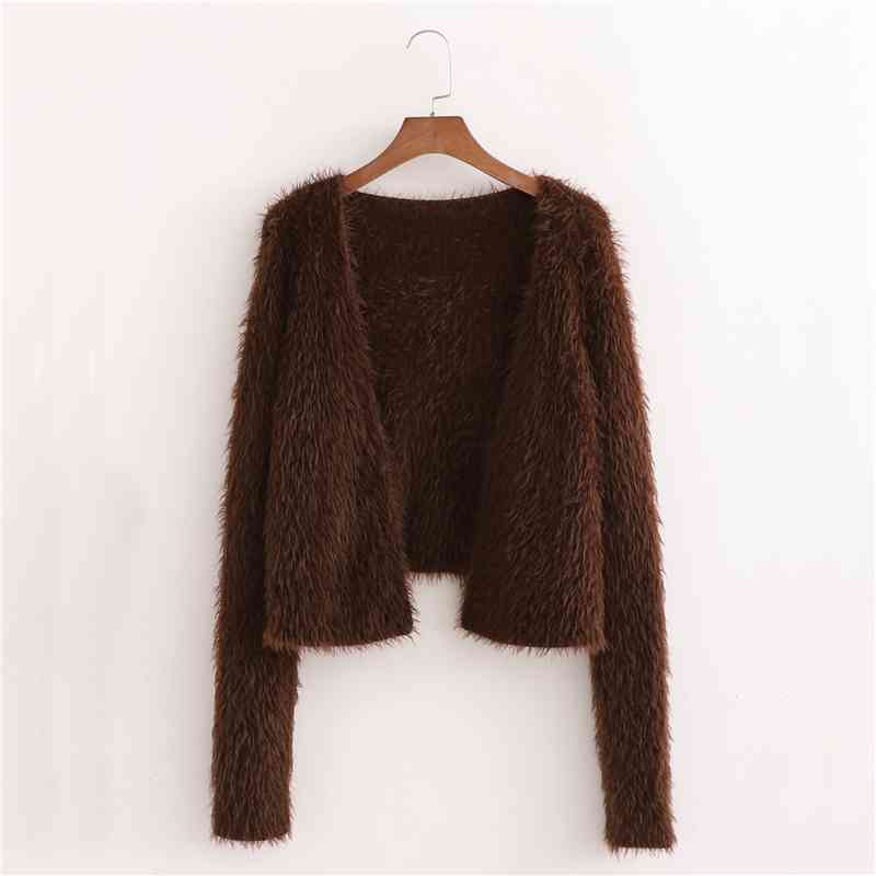 Elegant Women Solid Brown Sweater Fashion Ladies Soft Knitted Tops Streetwear Female Causal Loose Cardigan 210430