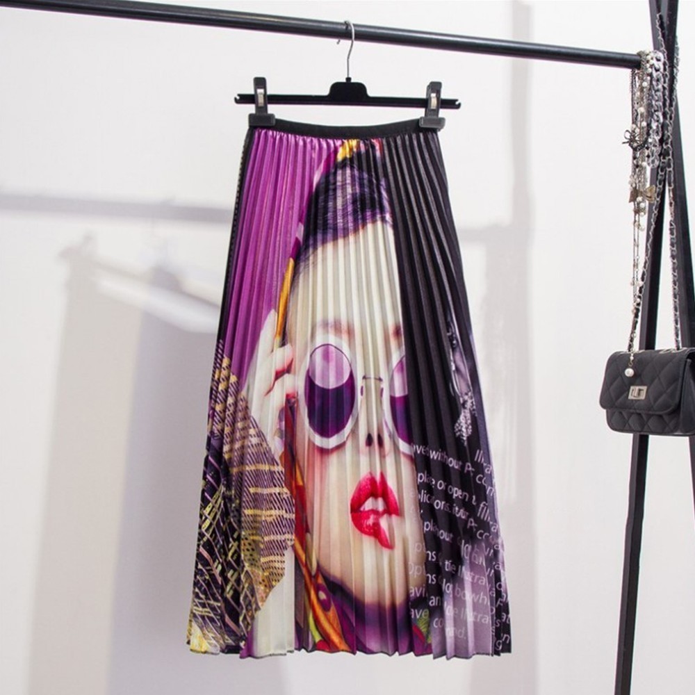 Women Fashion Girl Print Skirts Cartoon Pattern High Elasticity Pleated Midi Shirt Street A-Line Shirts Plus Size 210428
