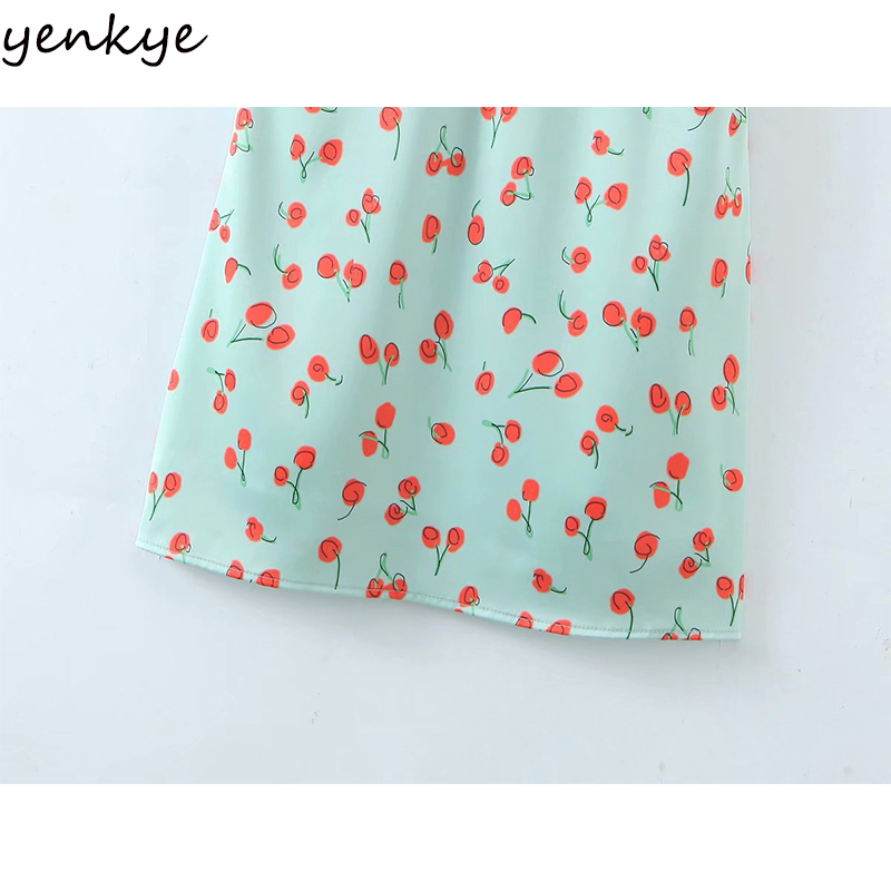 YENKYE Sexy Sling Summer Beach Dress Women Sweet Cherry Print Dress Female Backless Sleeveless V Neck A-line Satin Short Robe 210515