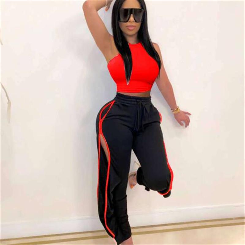 Women Sexy 2pcs Sets Slim Short Tank + Long Pants Tracksuits Summer Sleeveless Solid Color Vest Side-opened Sport Trousers Suits Women's