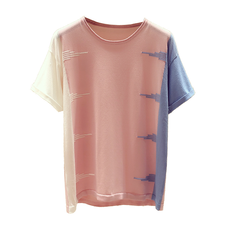 Casual Short Sleeve Ladies Tops Korean Pink O-Neck Blouse Women Blusas Mujer De Moda Summer Thin Knitted Tee Shirt 9761 210506