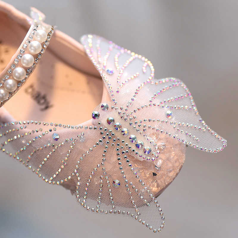 Toddlers Baby Girls Shoes Kids Leather Shoes For Wedding Party Performance Lace Butterfly Rhinestone Bling Pearls Beading X0703