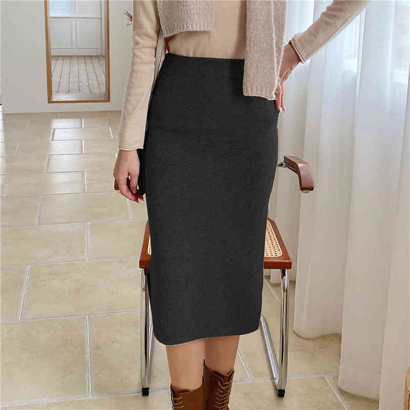 Autumn Winter High Waist Vintage Pencil Knitted Skirt Female OL Elegant Solid Split Package Hip Long Skirts Womens 210421