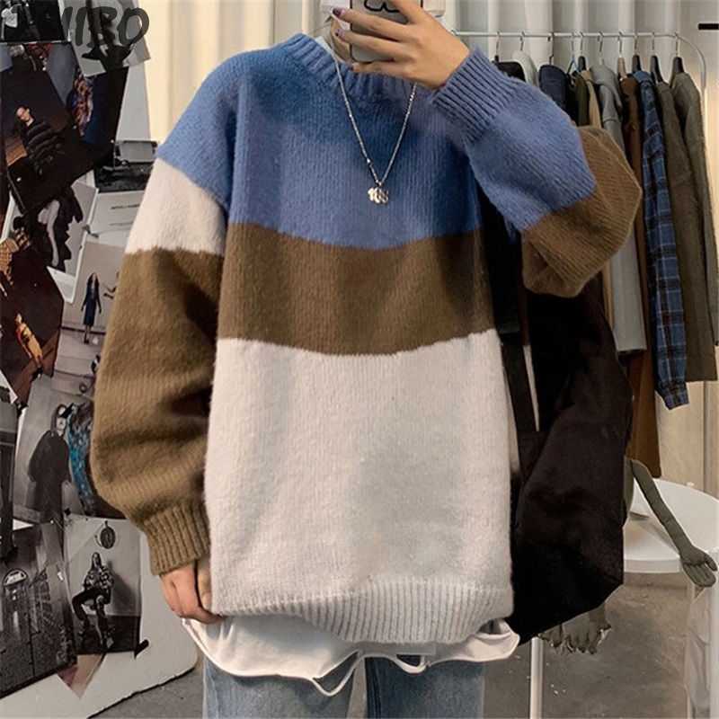 Sweater Men Streetwear Hip Hop Autumn Pull Spandex O-neck Oversize Couple Stitching Male Tops Vintage Knittwear Sweaters 211018