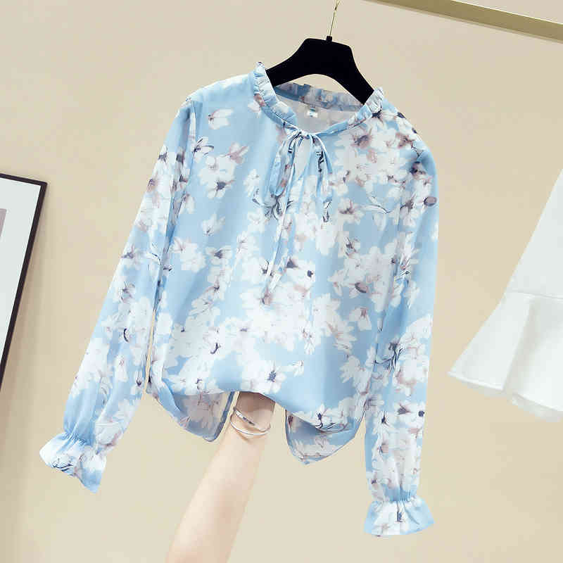 Print Shirt Long Sleeve Women Tops Autumn Floral Chiffon Blouse Casual Stand Collar Clothes Pullover 11147 210512