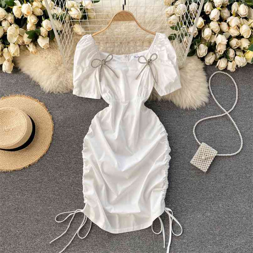 Women Fashion Square Neck Short-sleeved Water Drill Bow Draw Rope Pleated Package Hip Mini Dress Solid Color Vestidos R861 210527