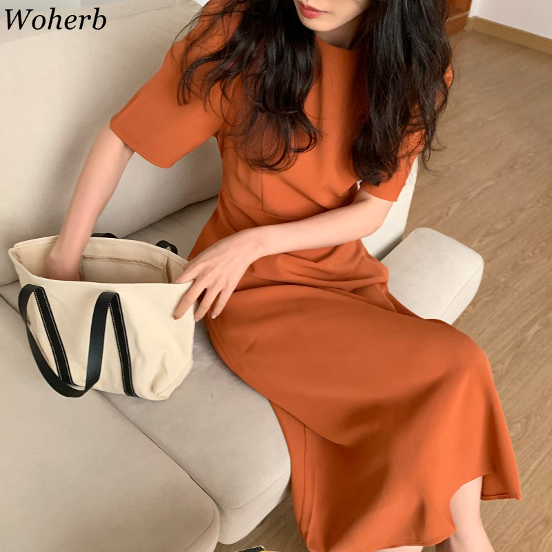 Gentle Girls Solid Summer Chic Minimalist O-Neck All Match Fashion Long Dresses Retro Cute Femme Robe Vestidos 210519