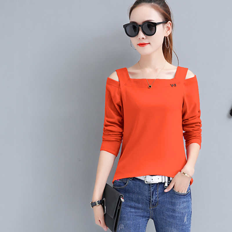 shintimes Off The Shoulder Tops For Women Korean Clothes Womens Cotton Long Sleeve T Shirt Poleras Mujer Full T-Shirt Femme 210615Z