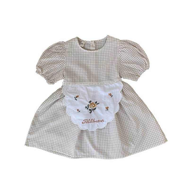 Korean style summer baby girls plaid loose short sleeve dresse cotton patchwork bib princess dresses 210615