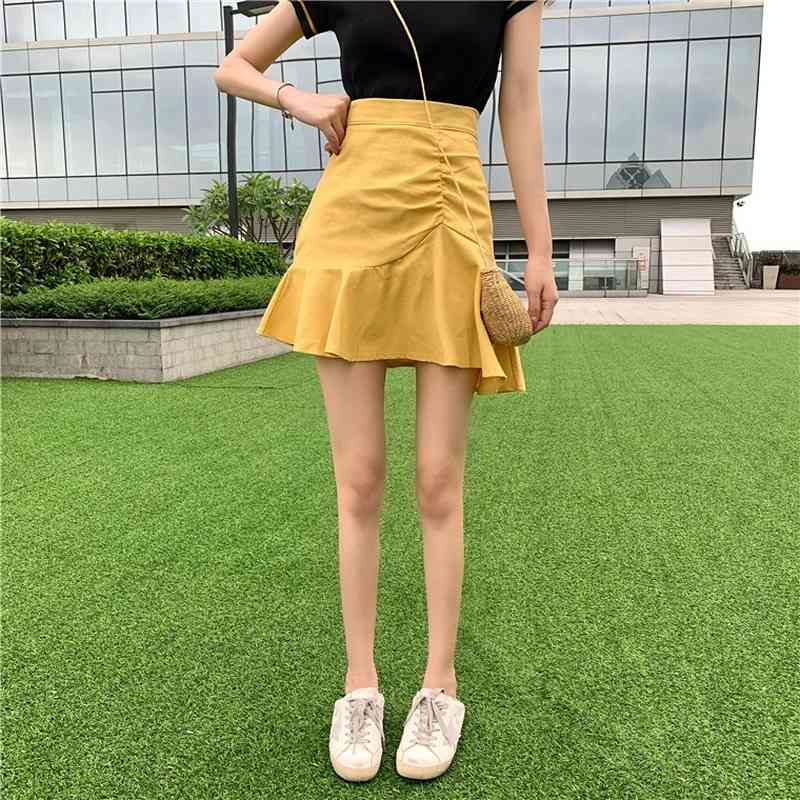 Skirts Japan Style Chic Slim Yellow High Waist Wrap Hip Ruffles Mermaid Skirt Women Sweet Faldas Mujer Moda Fashion Summer 210429