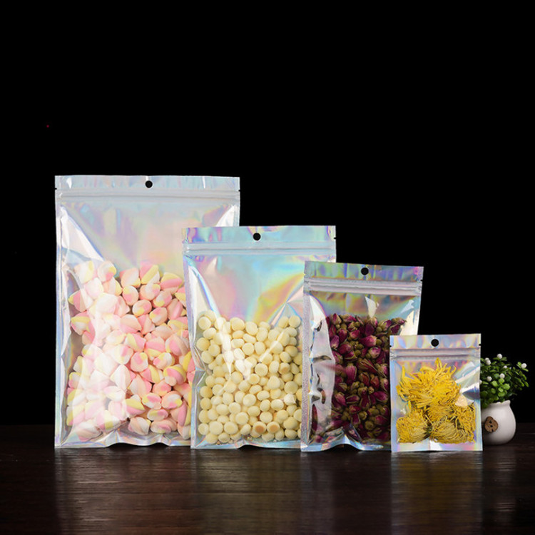 100pcs Hologram Aluminum Foil Zip Lock Laser Bags Resealable Clear Window Jewelry Trinkets Nail Stickers Eyelashes Beads Snack Coffee Tea Hologaphic P