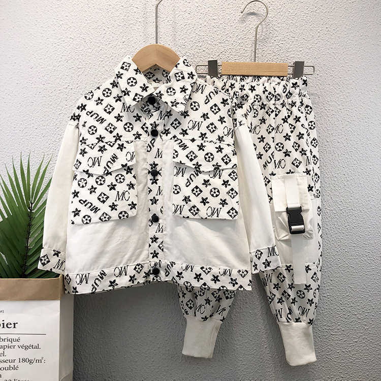 Kids Boy's Cool Shirt Coat Jacket Dungarees Pants Set Students Children's with Knee Pocket Two piece Outfits Sportswear