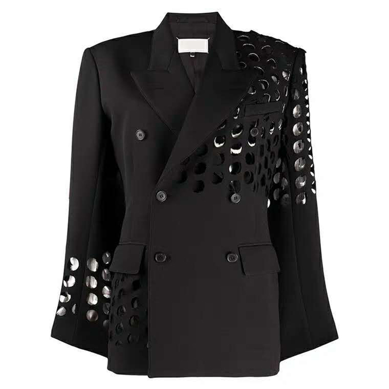 Hollow Out Black Blazer Women Notched Long Sleeve Casual Minimalist Suit Female Autumn Fashion Clothing 210524