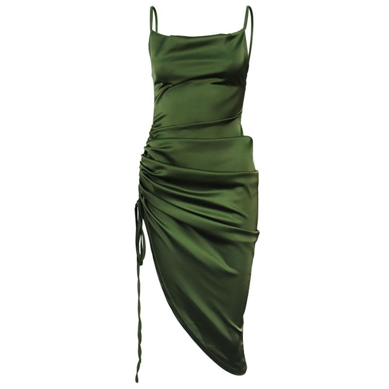 Casual Dresses 2021 Women Satin Summer Dress Drawstring Spaghetti Straps Cowl Neck Backless Solid Long For Sexy Elegant Vestidos