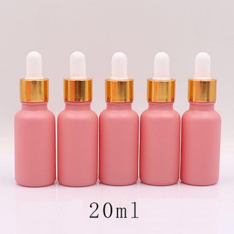 15pcs 10ml 20ml 30ml Pink Matte Frost Glass Cosmetic Serum Packging Refillable Gold Pipette Dropper Essential Oil Vials Bottles Storage & Ja