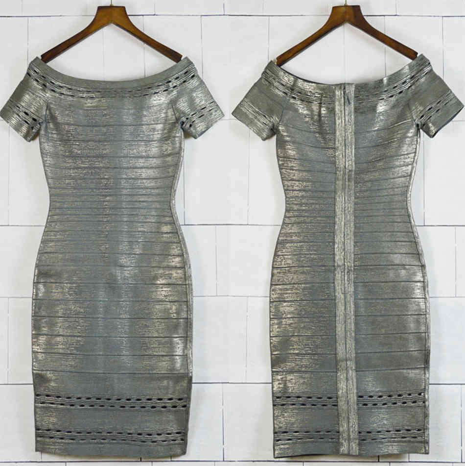 Free Summer Women's Gold Coated Bandage Dress Sexy Card Shoulder Short Sleeve Bodycon Halter Club Party Vestidos 210524