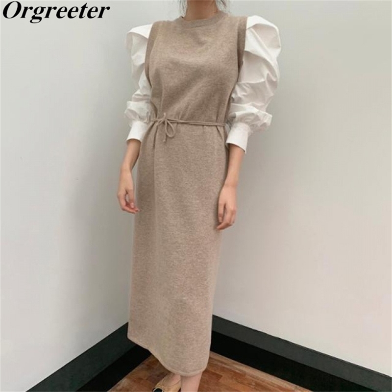Fall Spring Women's Clothing Trend Korean Knitted Stitching Fake two-piece Long Dress Temperament Puff sleeve Bandage 210602, Picture color
Fall Spring Women's Clothing Trend Korean Knitted Stitching Fake two-piece Long Dress Temperament Puff sleeve Bandage 210602, Picture color