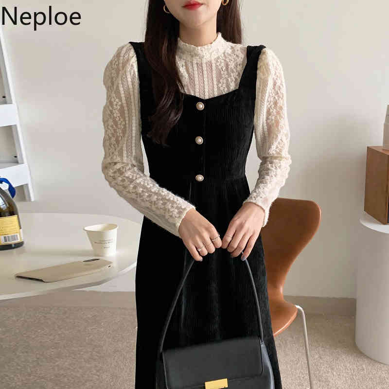 Neploe Elegant Lace Dress Long Sleeve Black Dresses Women Clothing Korean High Waist Vestidos Vintage Stand Neck Corduroy Robe 210422