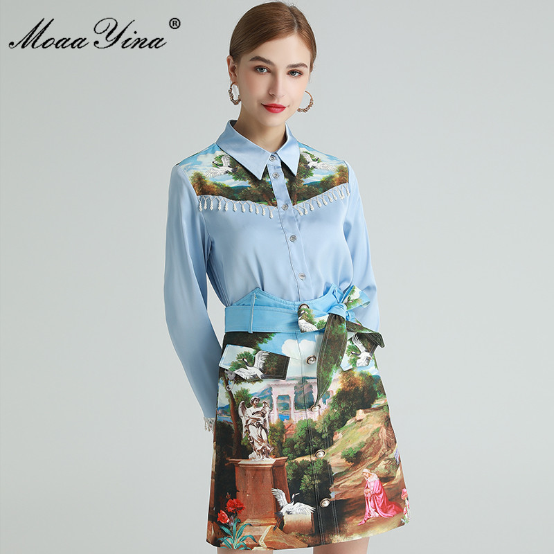 Fashion Designer Set Spring Women's Beaded Long sleeve Blouses Tops+Ancient building Print lace-up Skirt Two-piece set 210524, Multi
Fashion Designer Set Spring Women's Beaded Long sleeve Blouses Tops+Ancient building Print lace-up Skirt Two-piece set 210524, Multi