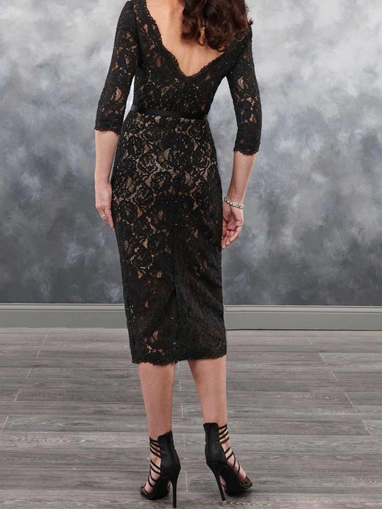 Sexy Black Lace Mother's Dresses Tea Length Mother of the Bride Dress Zipper Back Elegant Beatue Three Quarter Sleeves