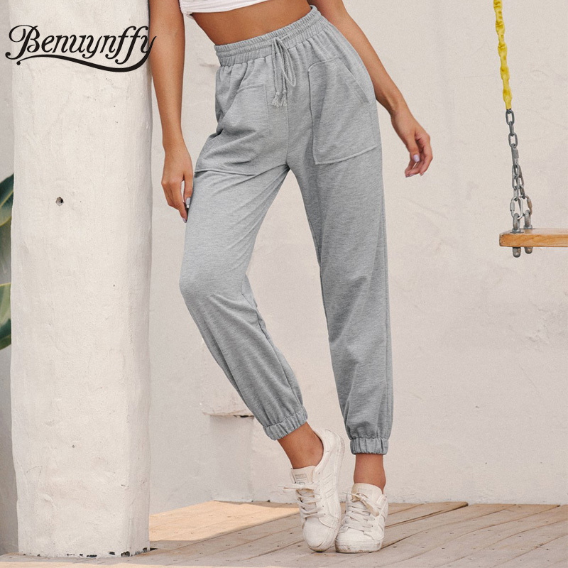 Pockets Grey Drawstring Waist Sweatpants Women Autumn Streetwear Casual Korean High Ladies Knitted Sports Pants 210510