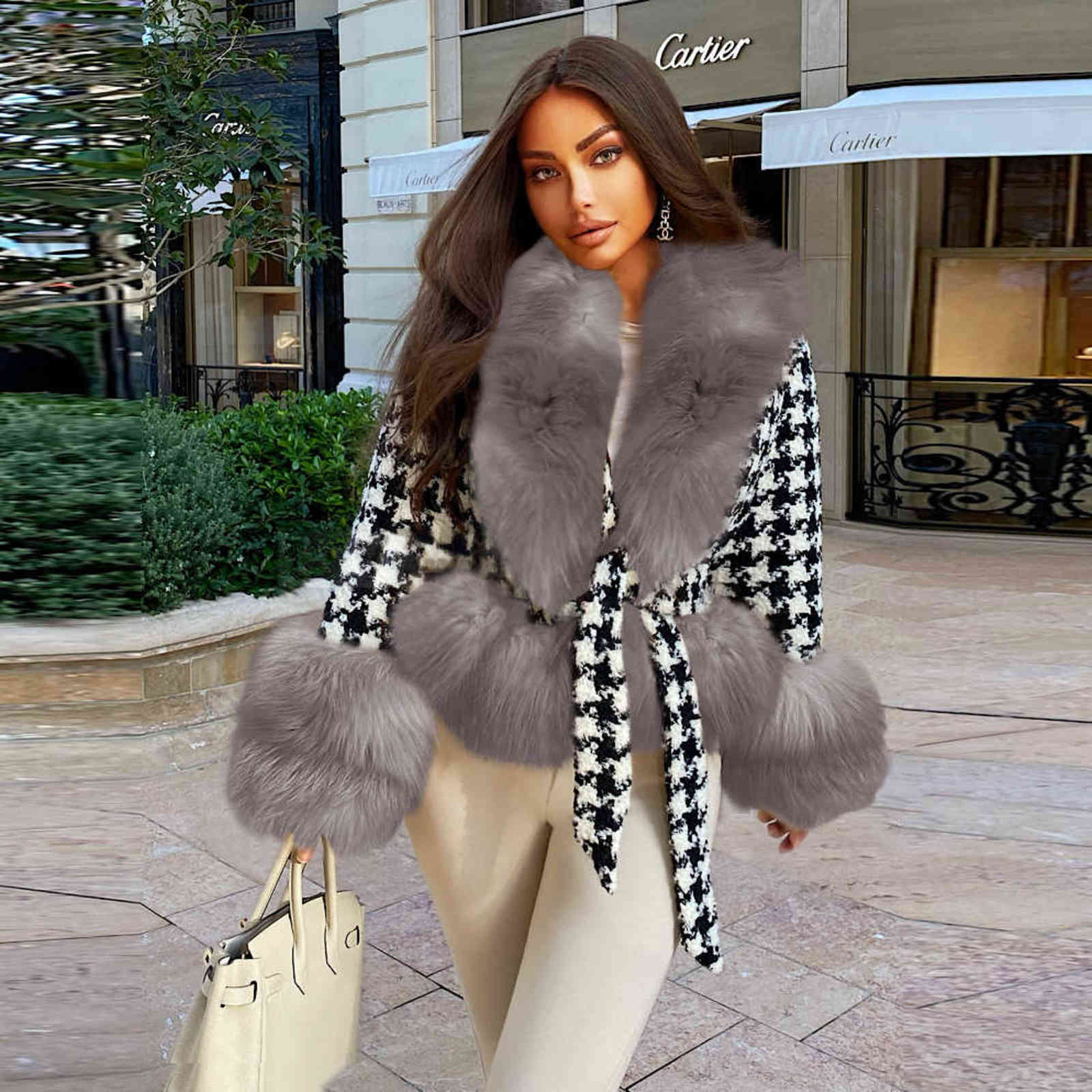 Winter Leather Jacket Stitching Faux Fur Collar Cuff Coat Women Slim Elegant Warm Thick Overcoat with Belt Female 211105
