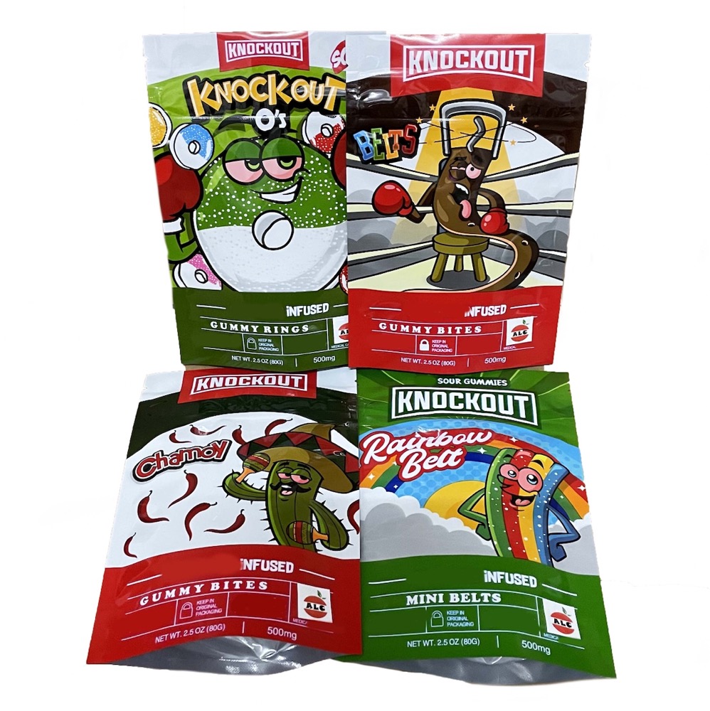 KNOCKOUT infused gummy medicated mylar packaging bags rings rainbow belt chamoy child lock stand up sour gummies package
KNOCKOUT infused gummy medicated mylar packaging bags rings rainbow belt chamoy child lock stand up sour gummies package