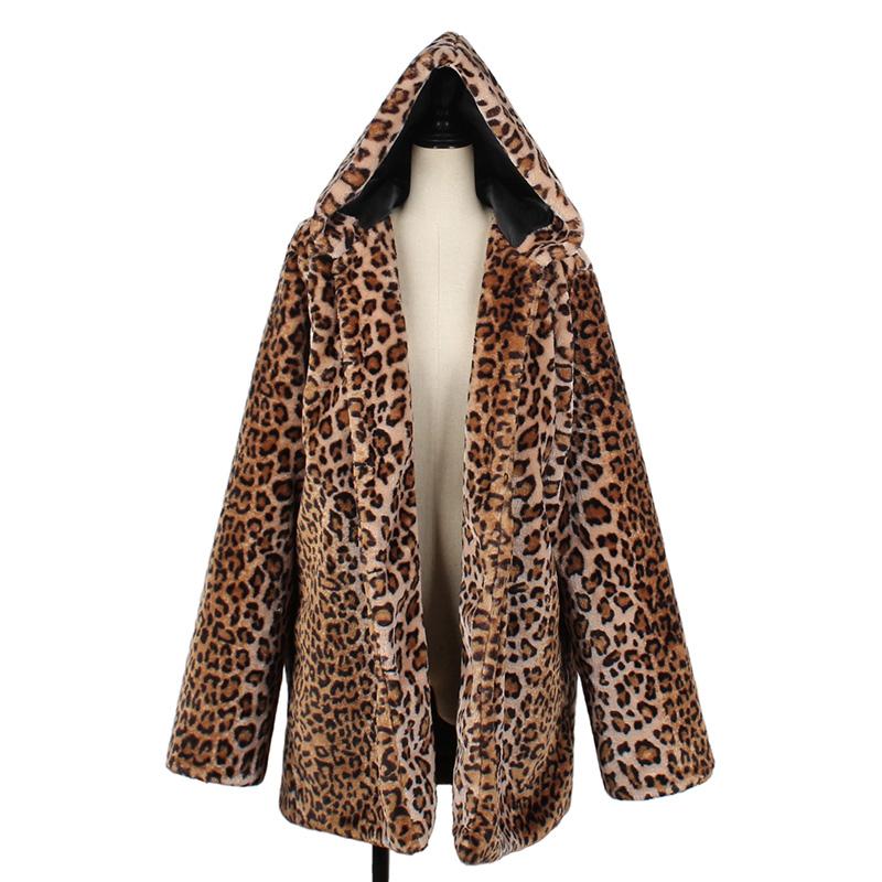 Women's Fur & Faux Autumn Winter Leopard Coats Women Hooded Coat Luxury Warm Plush Fake Jacket Fashion Artificial Womens Outwear