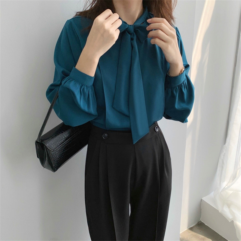 Basic Shirt Women Autumn OL Elegance Chic Chiffon Blouses Long Sleeve Lace Up Bow Collar All Match Loose Shirts 210421