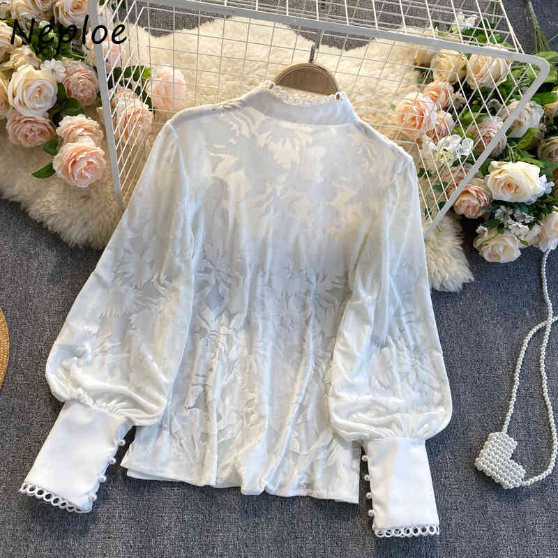 Elegant Lace Hook Flower Loose Blouse Women Stand Collar Lantern Long Sleeve Blusas Spring Shirt Feminino 210422