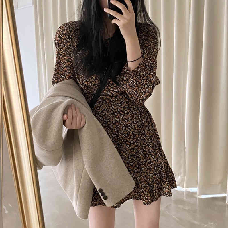 Spring Summer Floral Dress Women Casual Vintage Printing Mini Puff Sleeve O Neck Party es Two Pieces 13570 210508