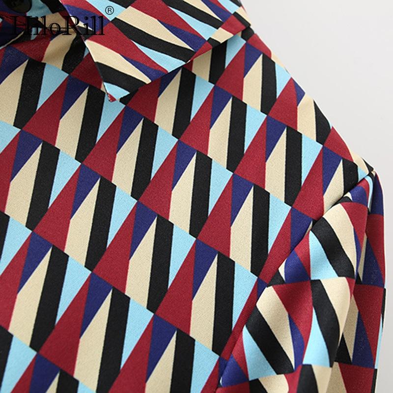 HiloRill Geometric Print Vintage Long Shirt Dress Women Office Wear Elegant Bow Tie Turn Down Collar Casual Vestido Dresses