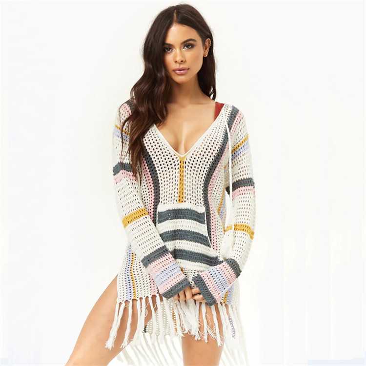 Knitted Bikini Cover up Tassel Tunic for Beach Pareos de Playa Mujer Kaftan covers Women Swim suit #Q760 210420