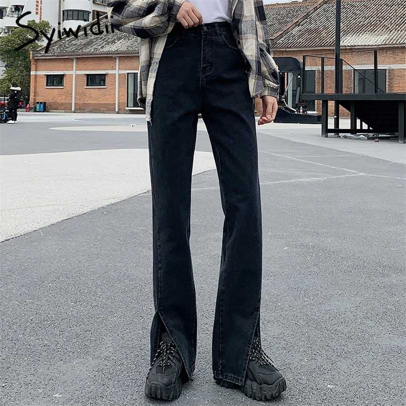 Syiwidii Women Jeans Black Flare Pants Front Side Slit Leg Fall High Waisted Bell Bottom Jeans Full Length Denim Clothes 211112
