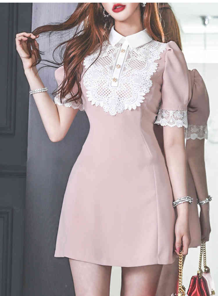 Summer Pink Lace Patchwork A-Line Mini Short Sleeve Vestidos Sweet Slim Cute Female Dress 210519
