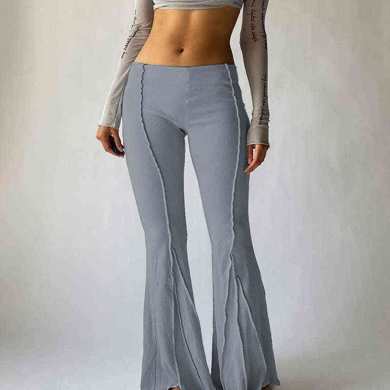 BIIKPIIK Solid Rework Low Waist Long Pants Basic Casual All-Match Trousers Knitting Boot Cut Women Fashion Clothing 211204