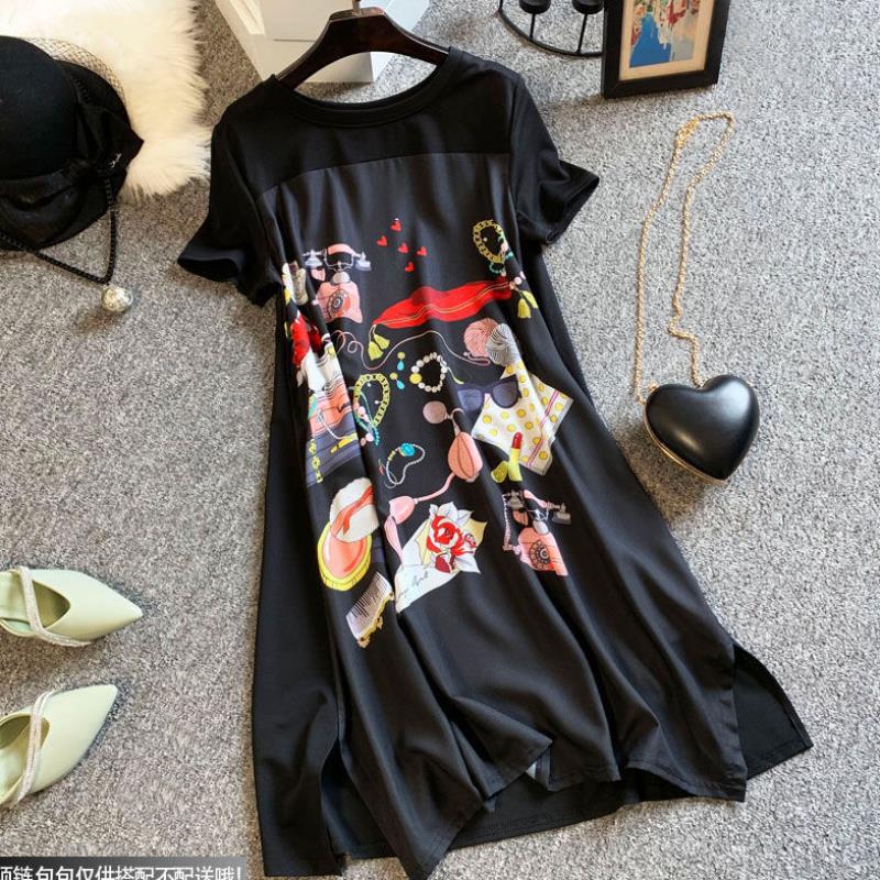 Summer Dress Women New Large Size Slimming Loose Fashion Belly-covering length Black Spliced Printing Vintage Oversized Dress
Summer Dress Women New Large Size Slimming Loose Fashion Belly-covering length Black Spliced Printing Vintage Oversized Dress