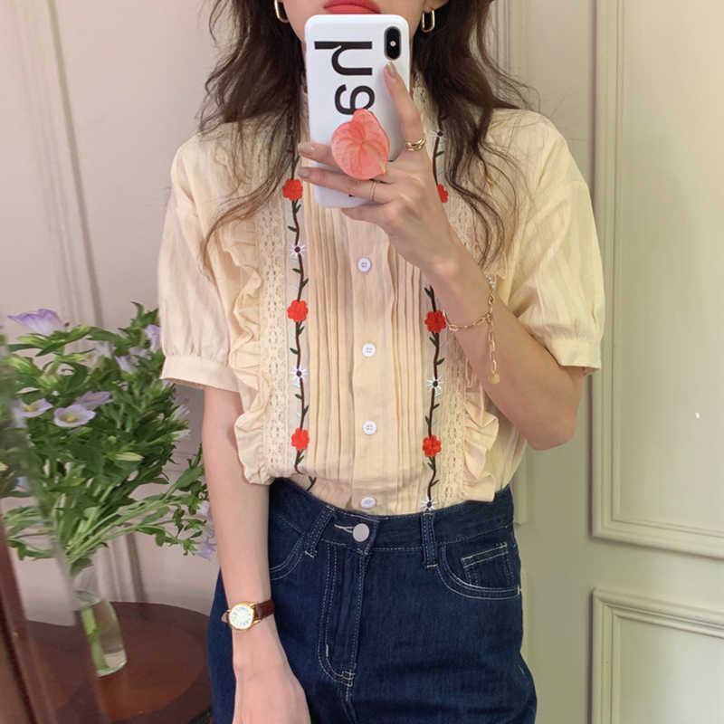 Korejpaa Women Shirt Summer Korean Chic Girls Sweet Round Neck Fungus Lace Stitching Embroidery Flower Puff Sleeve Blouses 210526