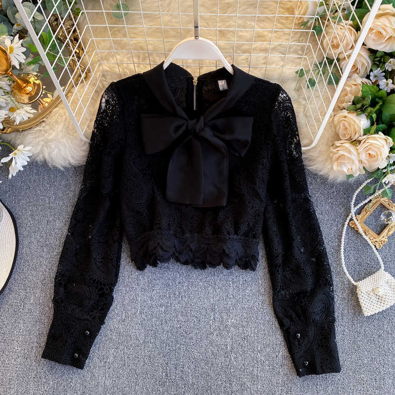 Women Sweet Butterfly Kno Short Cut-out Lace Shirt Tops Lady Long Sleeve White Black Elegant Blouse L153 210527