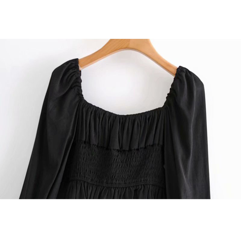 Square Collar Long Sleeves Neckline Tie Women Vintage Short Waist T-shirt Fashion Chic Female Tops 210507