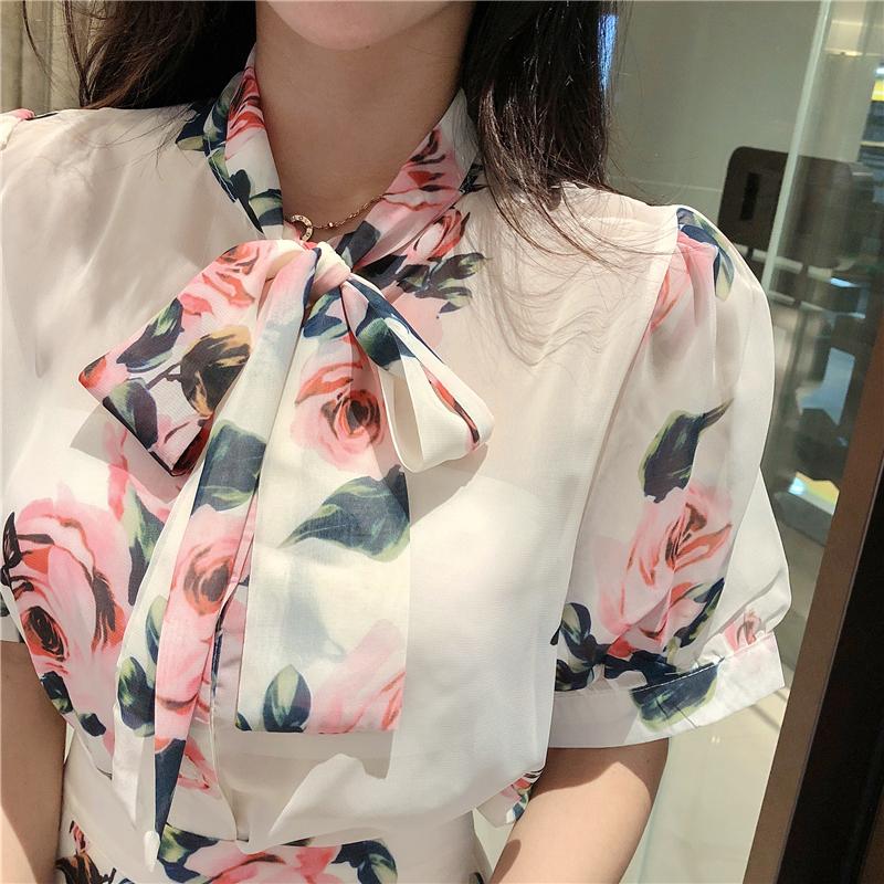 Two Piece Dress Arrival Women Flower Printing Bow Tie Top Elegant T-shirt + Fashion Button Vintage Silm Skirts 2 Clothing Set Suits