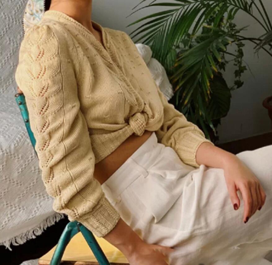 Vintage Women Knitted cardigan France Style Hollow Out Cream Twist Sweater Long Sleeve Knitwear 210429